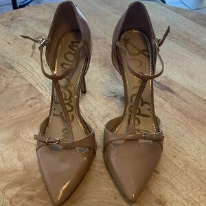 Sam Edelman Tan Patent T-Strap Pointed Pumps